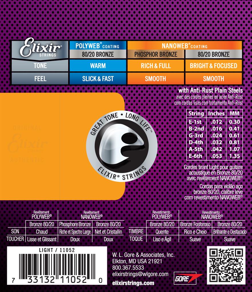 Elixir 80/20 Bronze Nanoweb Light Gauge 12-53 Acoustic Guitar Strings