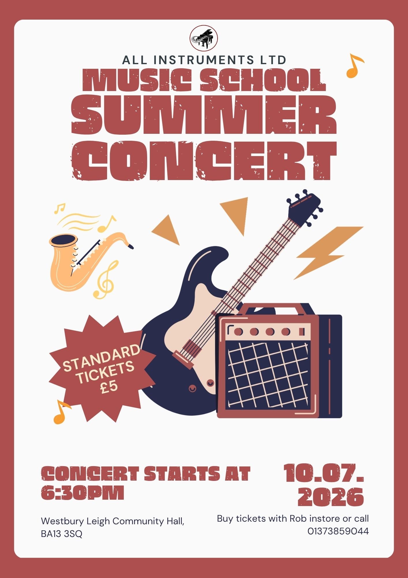Promotional poster for All Instruments Ltd Music School Summer Concert with guitar, amp, and saxophone illustrations.
