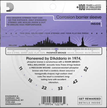 Daddario Phosphor Bronze Custom Light Gauge 11-52 Acoustic Guitar Strings