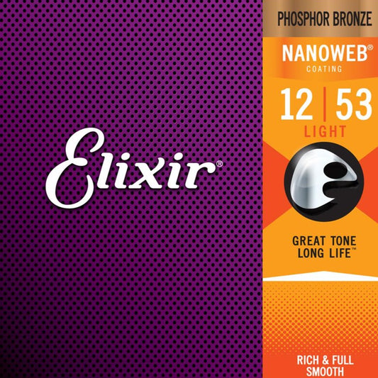 Elixir Nanoweb Phosphor Bronze Acoustic Guitar Strings (12-53)